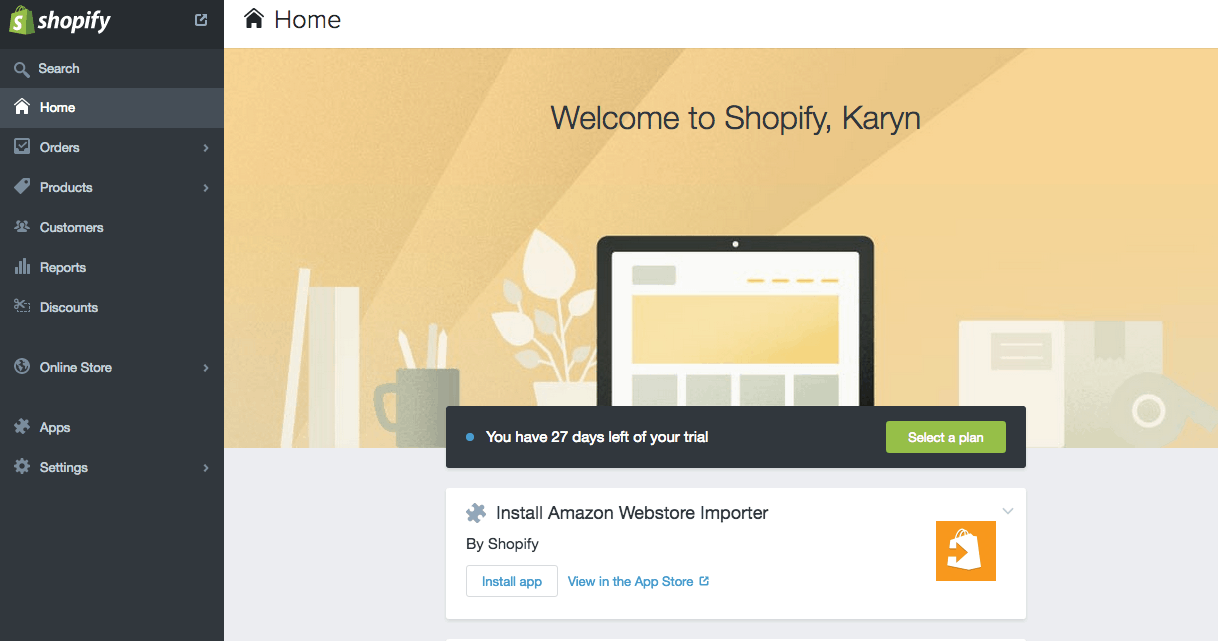 Shopify store home screen