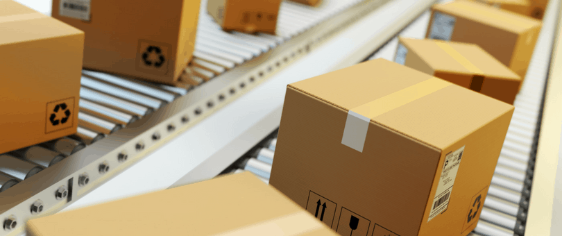boxes on conveyor at e-commerce fulfillment center