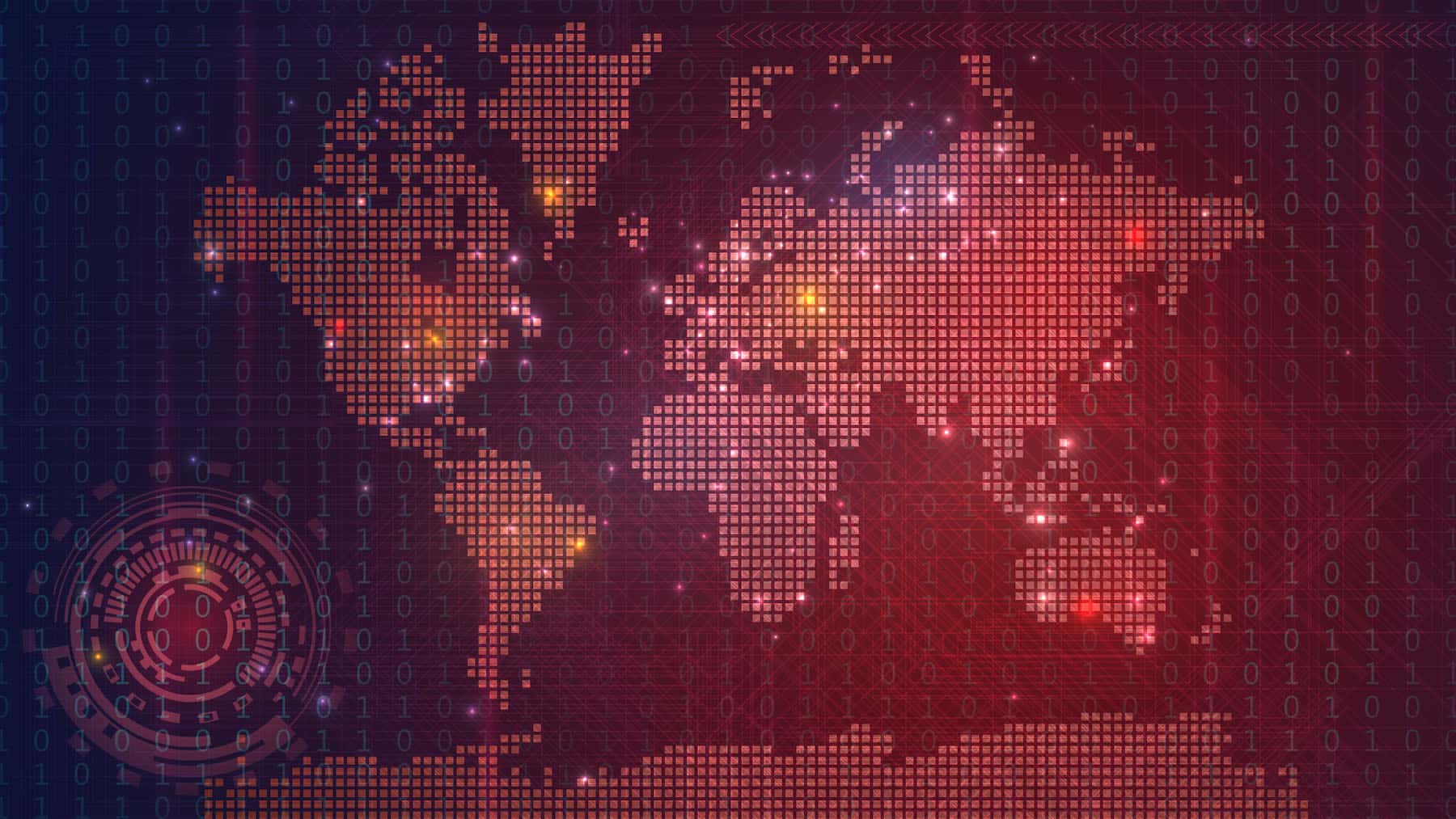 Red-tinged map of the world, looking like cybercrimes are being monitored