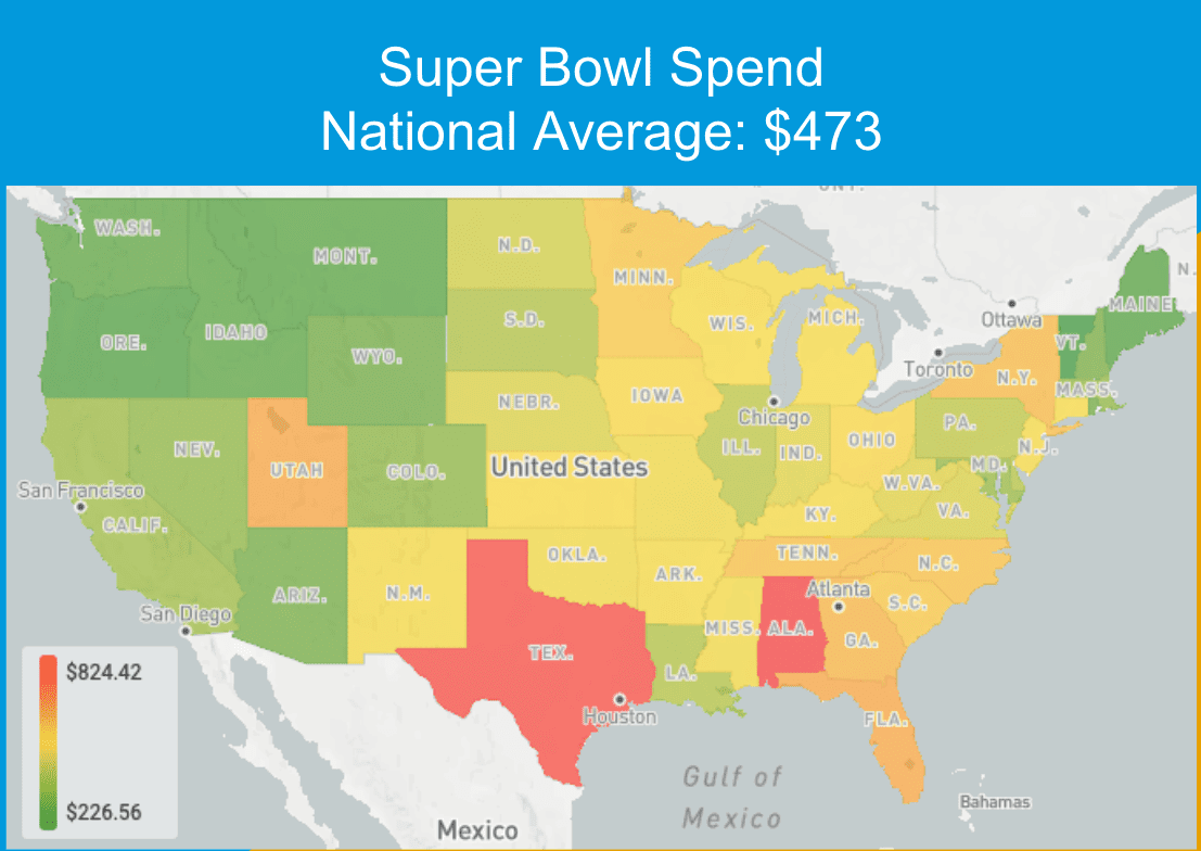 Map of the US displaying average cart size for Super Bowl purchases by state 