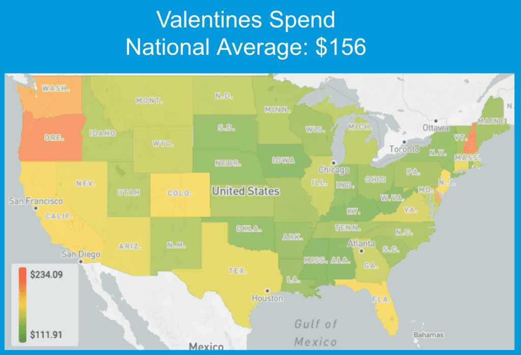 US map displaying average cart size of Valentine's Day spending by state
