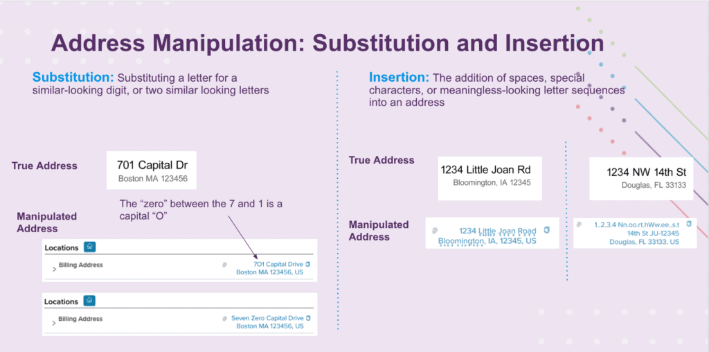 Substitution and insertion from of shipping fraud address manipulation graphic