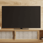 A large TV on a stand in a contemporary living room
