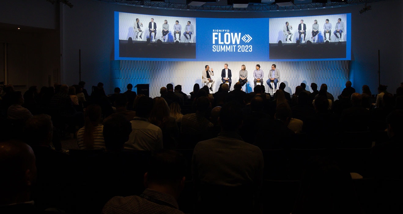 Jason Knell (Adobe), John Winstel (FIS), Cy Khormaee (Google), Kelli Lin (Narvar), and Rajpreet Shikak (Worldpay) and Signifyd CEO Raj Ramanand