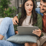 A couple on a couch, shopping online, looking happy for how to improve ecommerce customer experience blog
