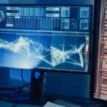 Developer working on Ai algorithms with two monitors in the dark