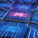 An abstract blue photo of an AI chip on a motherboard to symbolize machine learning in fraud protection