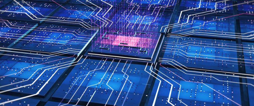 An abstract blue photo of an AI chip on a motherboard to symbolize machine learning in fraud protection