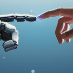 A robotic hand's extended index finger, touching a human hand's extended index finger
