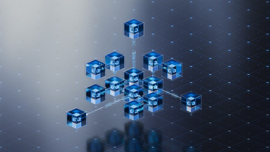 An illustration showing connections among cubes, symolizing data sharing among entities.