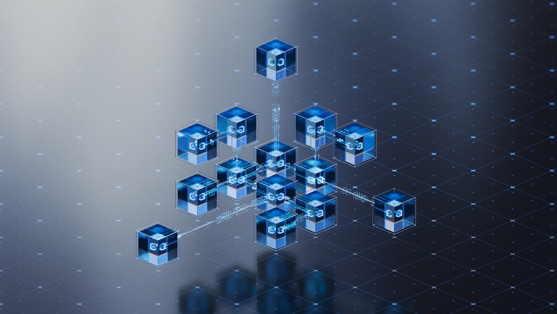 An illustration showing connections among cubes, symolizing data sharing among entities.
