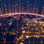 futuristic image of a quarter of the globe with bright orange lines symbolizing agentic commerce transactions