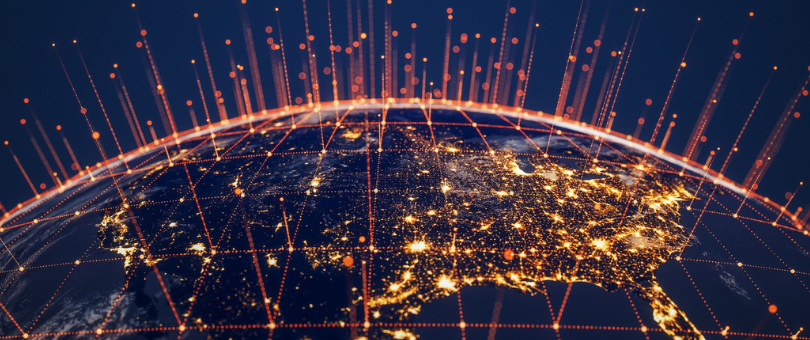 futuristic image of a quarter of the globe with bright orange lines symbolizing agentic commerce transactions