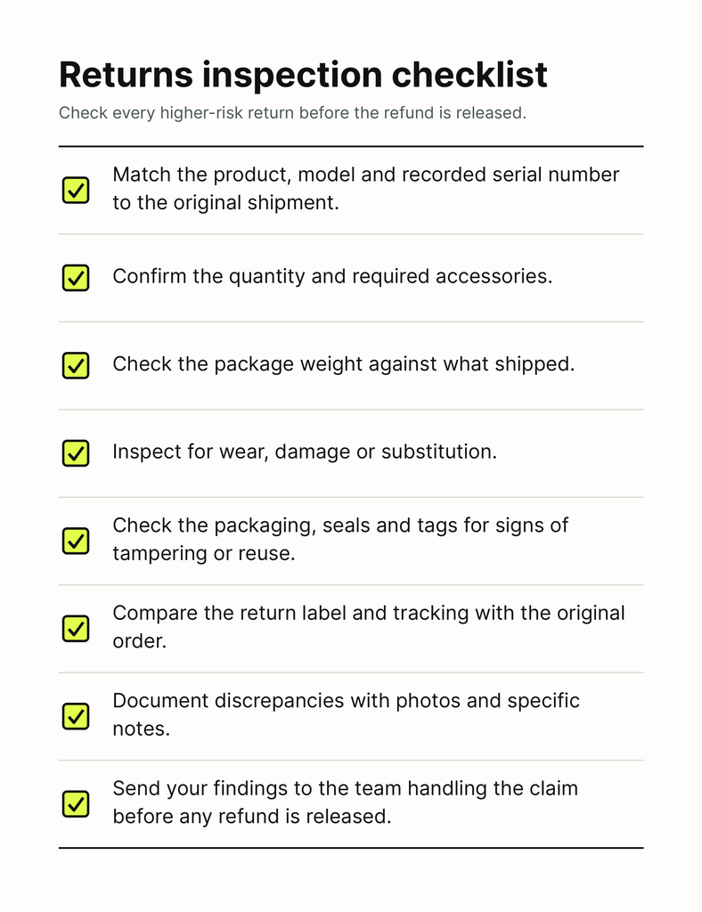 Image showing a returns inspection checklist for ecommerce merchants to provide to warehouse staff when processing returns