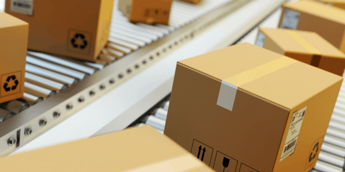 boxes on conveyor at e-commerce fulfillment center