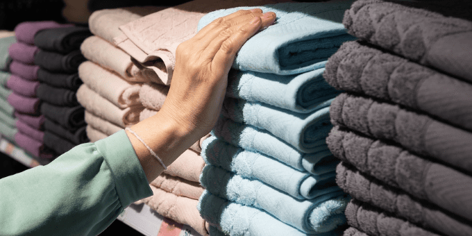 Person shopping for towels, checking wiht her hand the texture of one brand