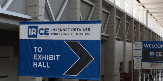 IRCE banners hang on the first day of the annual conference
